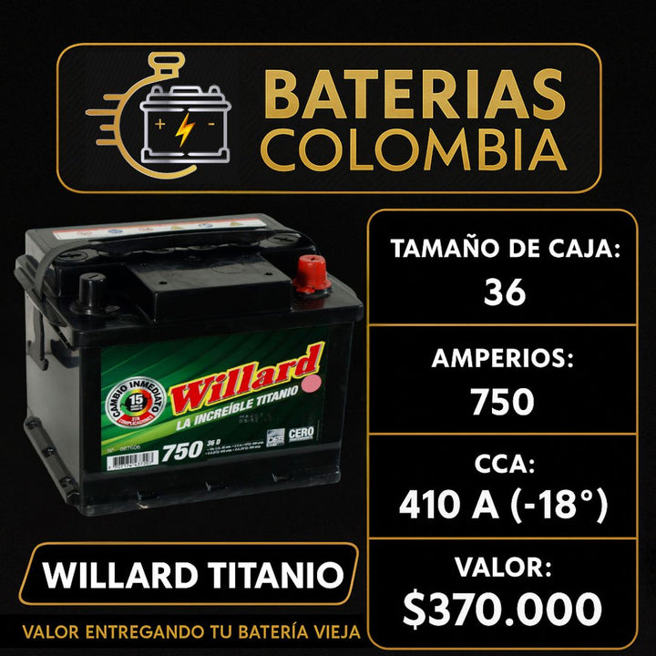 Batería Willard Titanio 750 / Caja 36 / Polaridad Derecha