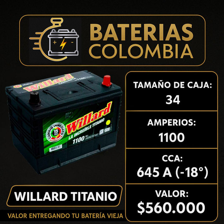 Batería Willard Titanio 1100 / Caja 34 / Polaridad Derecha