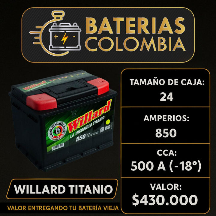 Batería Willard Titanio 850 / Caja 24 / Polaridad Derecha