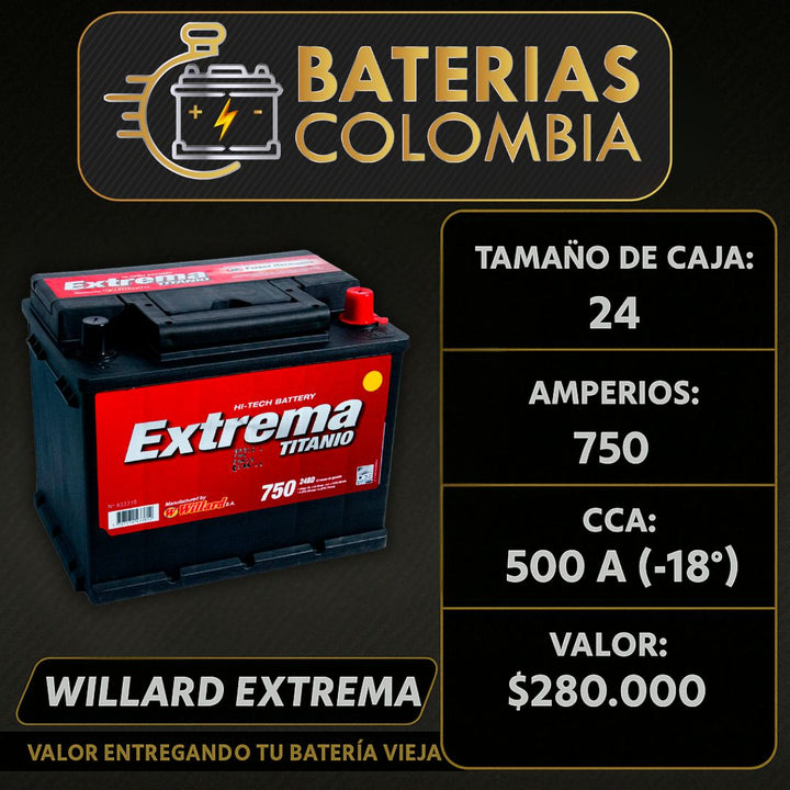 Batería Willard Extrema Titanio 750 / Caja 24 / Polaridad Derecha
