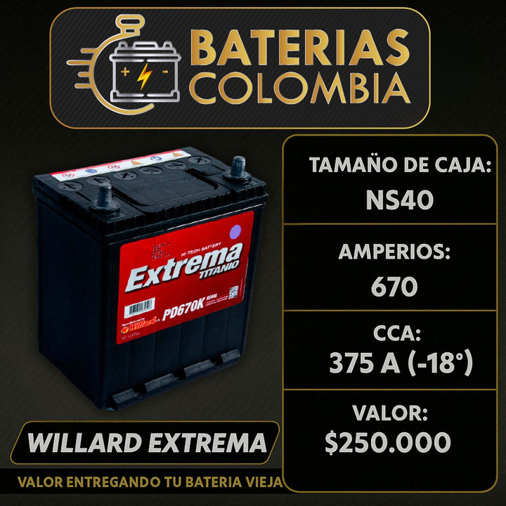 Batería Willard Extrema 670 / Caja NS40 / Polaridad Derecha