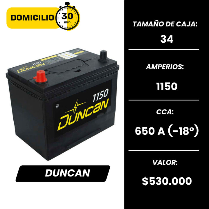 Baterías Duncan Liberty 1150 / Caja 34 /  Polaridad Izquierdo