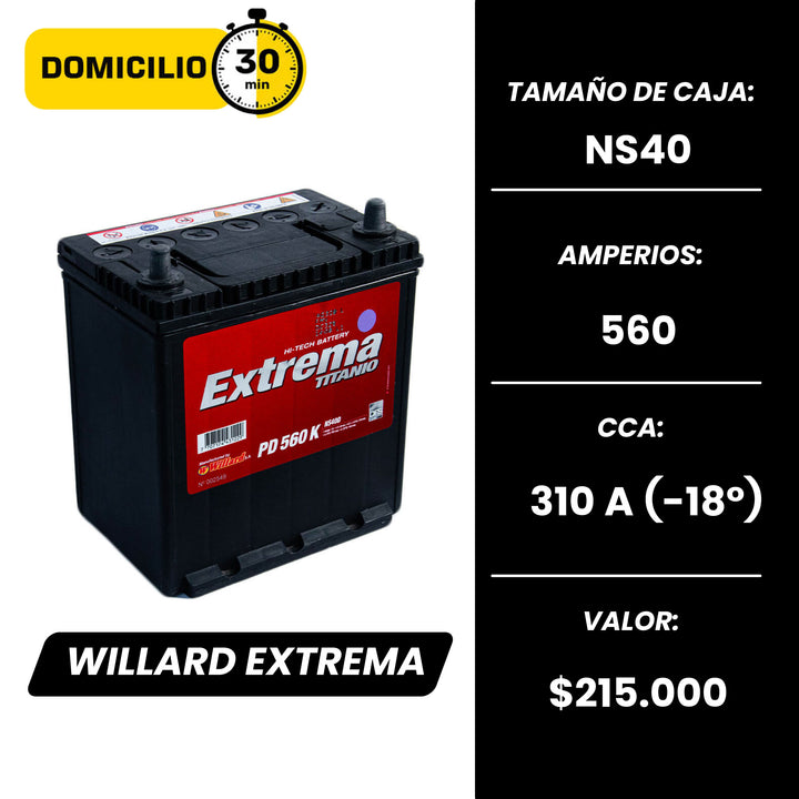 Batería Willard Extrema 560 / Caja NS40 / Polaridad Derecha