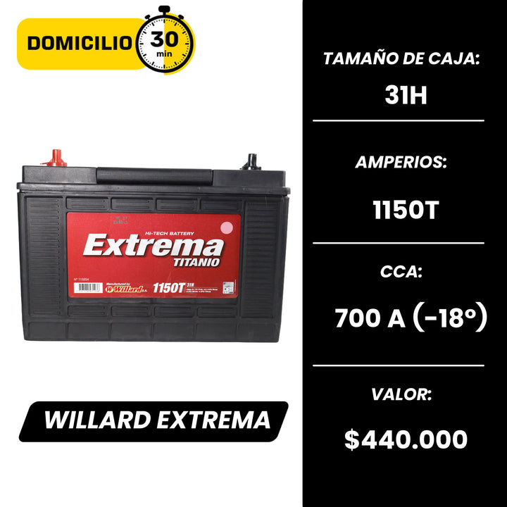Batería Willard Extrema 1150T / Caja 31H Tornillo / Polaridad Izquierda
