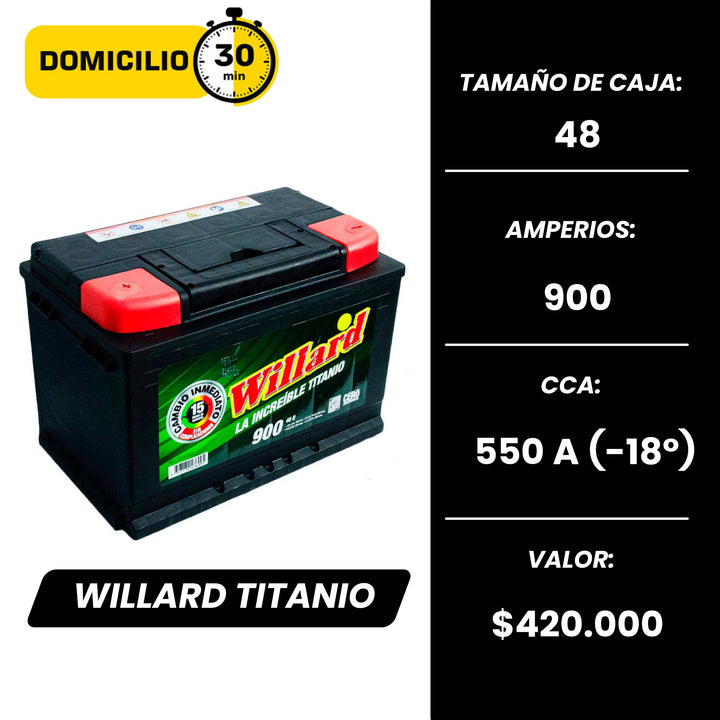 Batería Willard Titanio 900 / Caja 48 / Polaridad Derecha
