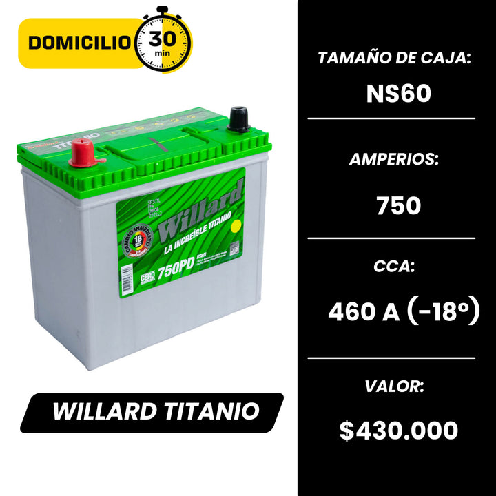 Batería Willard Titanio 750 / Caja NS60 / Polaridad Izquierda