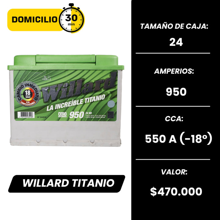 Batería Willard Titanio 950 / Caja 24 / Polaridad Derecha