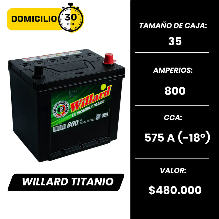 Batería Willard Titanio 800 / Caja 35 / Polaridad Derecha