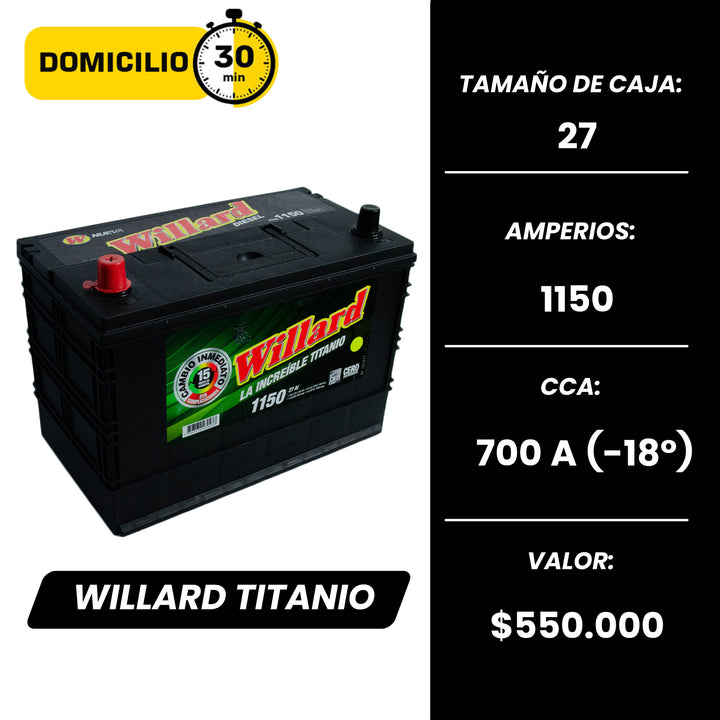 Batería Willard Titanio 1150 / Caja 27 / Polaridad Derecha
