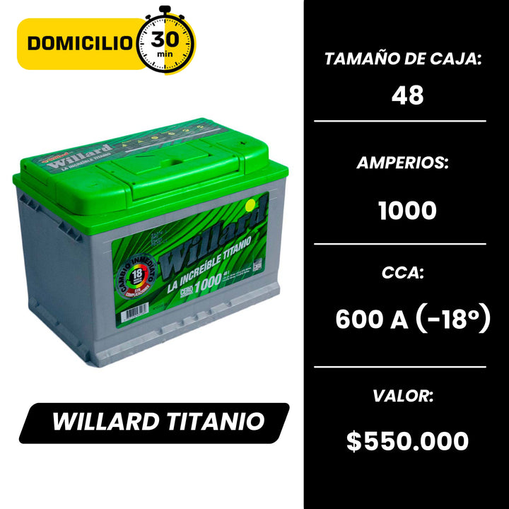 Batería Willard Titanio 1000 / Caja 48 / Polaridad Derecha