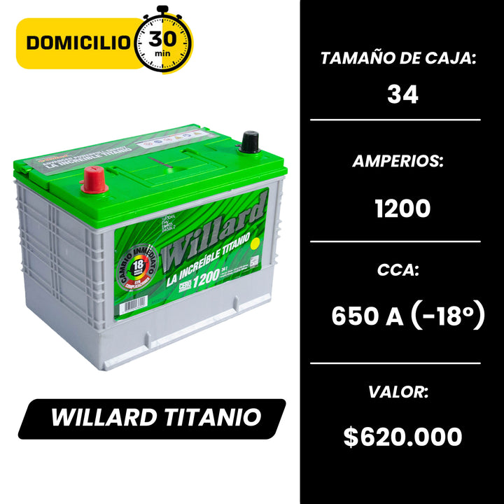 Batería Willard Titanio 1200 / Caja 34 / Polaridad Derecha