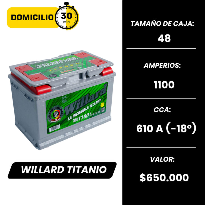 Batería Willard Titanio 1100 / Caja 48 / Polaridad Derecha