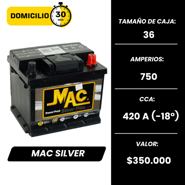 Batería Mac Silver 750 / Caja 36 / Polaridad Derecha
