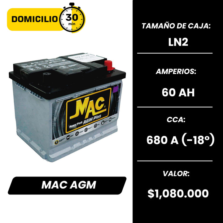 Bateria Mac AGM 60AH / Caja LN2 /  Polaridad Derecha