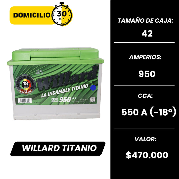 Bateria Willard Titanio 950 / Caja 42 / Polaridad Derecha