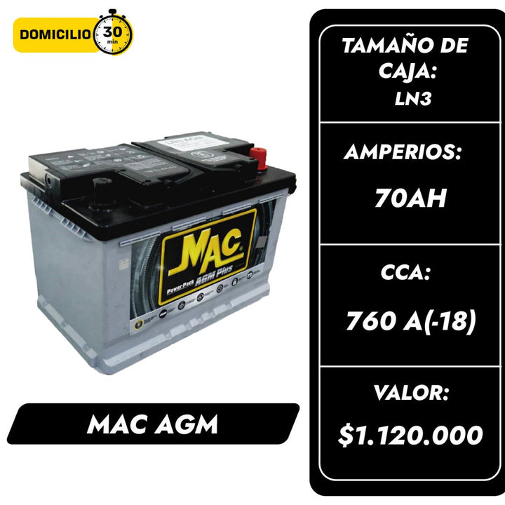 Batería Mac Agm 70AH / Caja LN3 / Polaridad Derecha