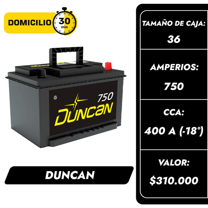 Baterías Duncan Liberty 750 / Caja 36 / Polaridad Derecha