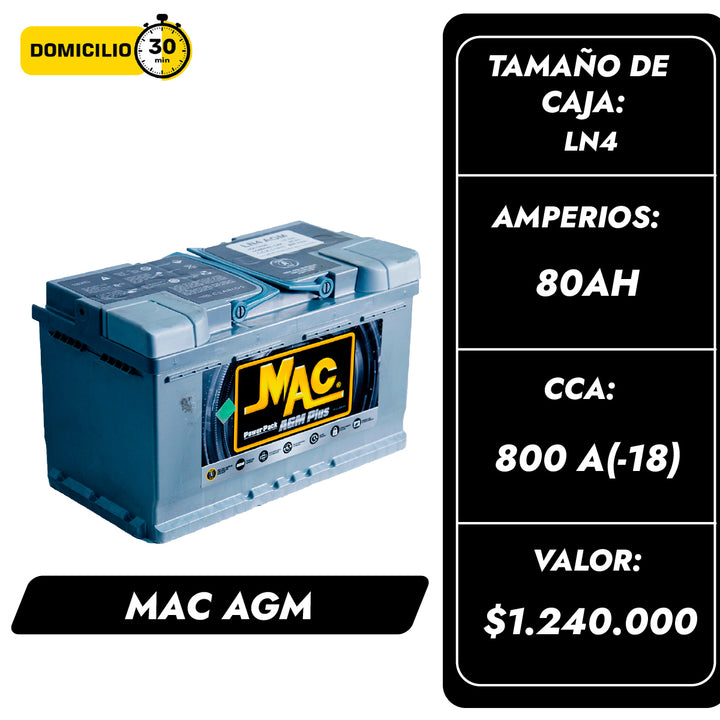 Batería Mac AGM 80AH  / Caja LN4 / Polaridad Derecha