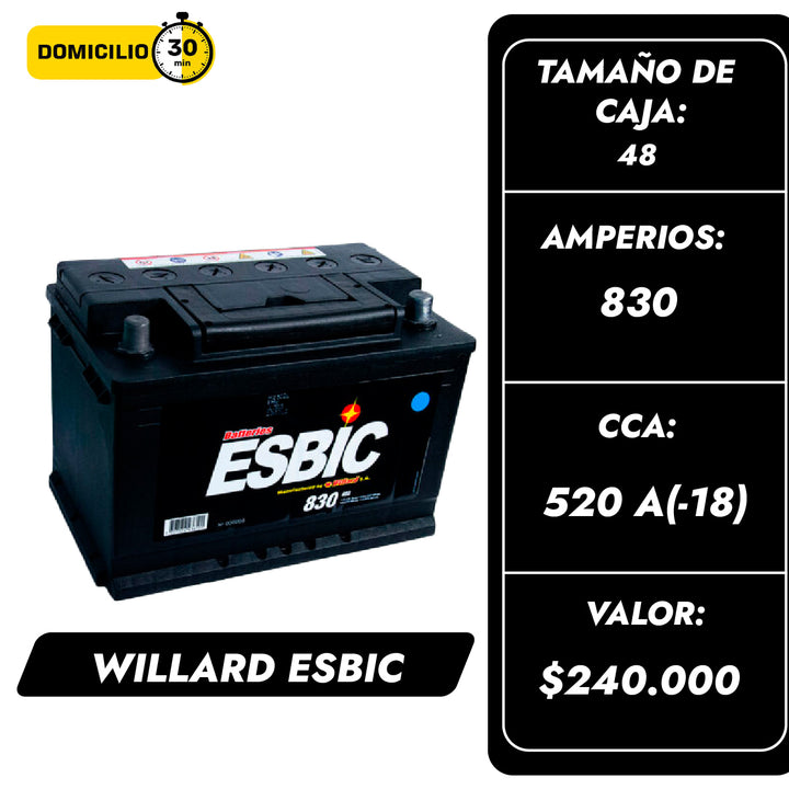 Bateria Willard Esbic  830 / Caja 48 / Polaridad Derecha